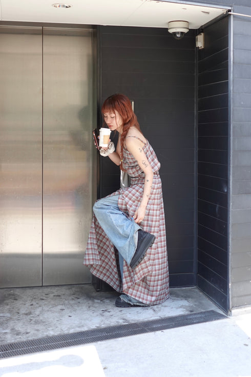 チェックスリットボタンスカート